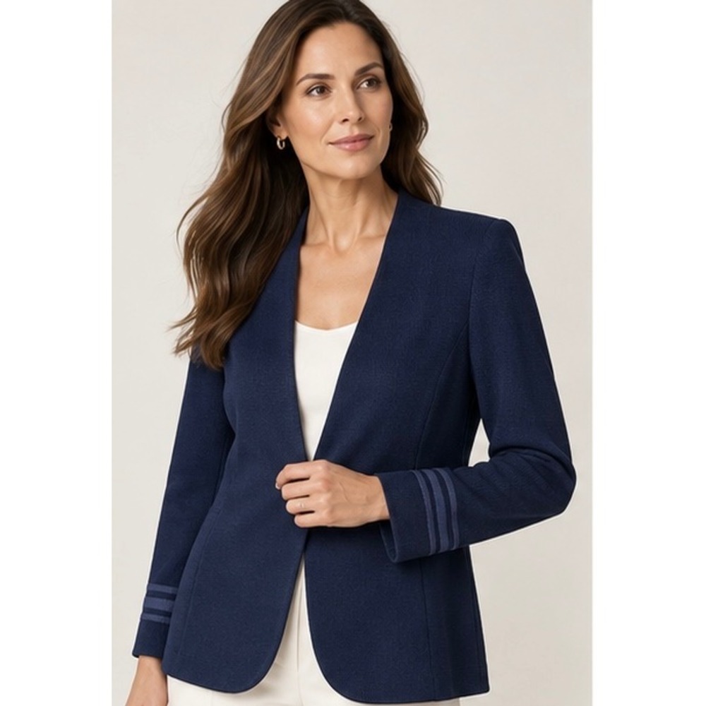 Vintage St John Collection Marie Gray Santana Knit Navy Longline Blazer 12 USA
